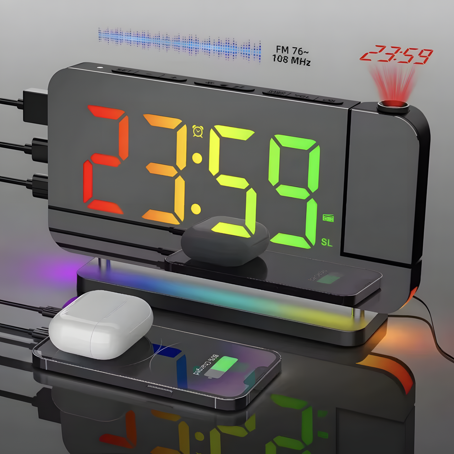 Réveil Projecteur LED | Projection RGB, Radio FM & Double USB | Projexia