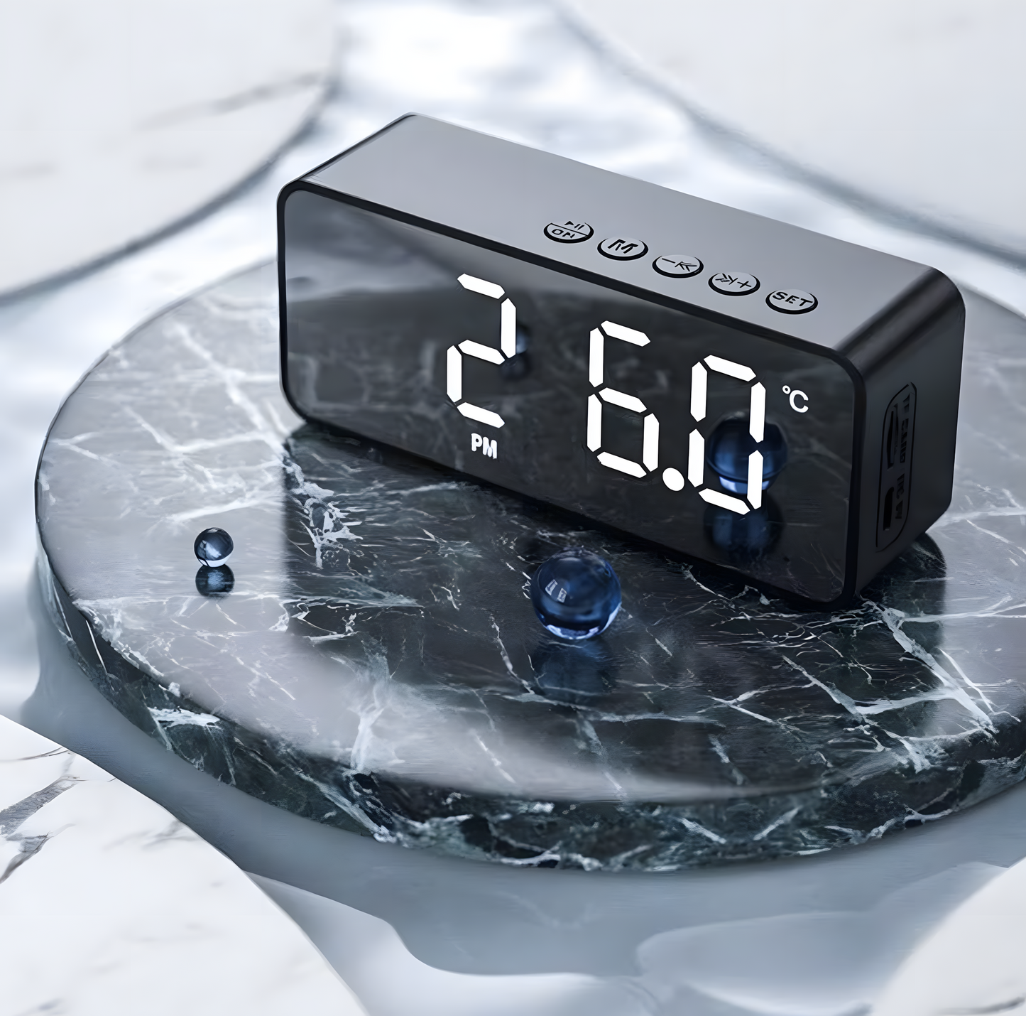 Réveil Radio | Enceinte Bluetooth FM & Réveil Miroir Compact | Reverba