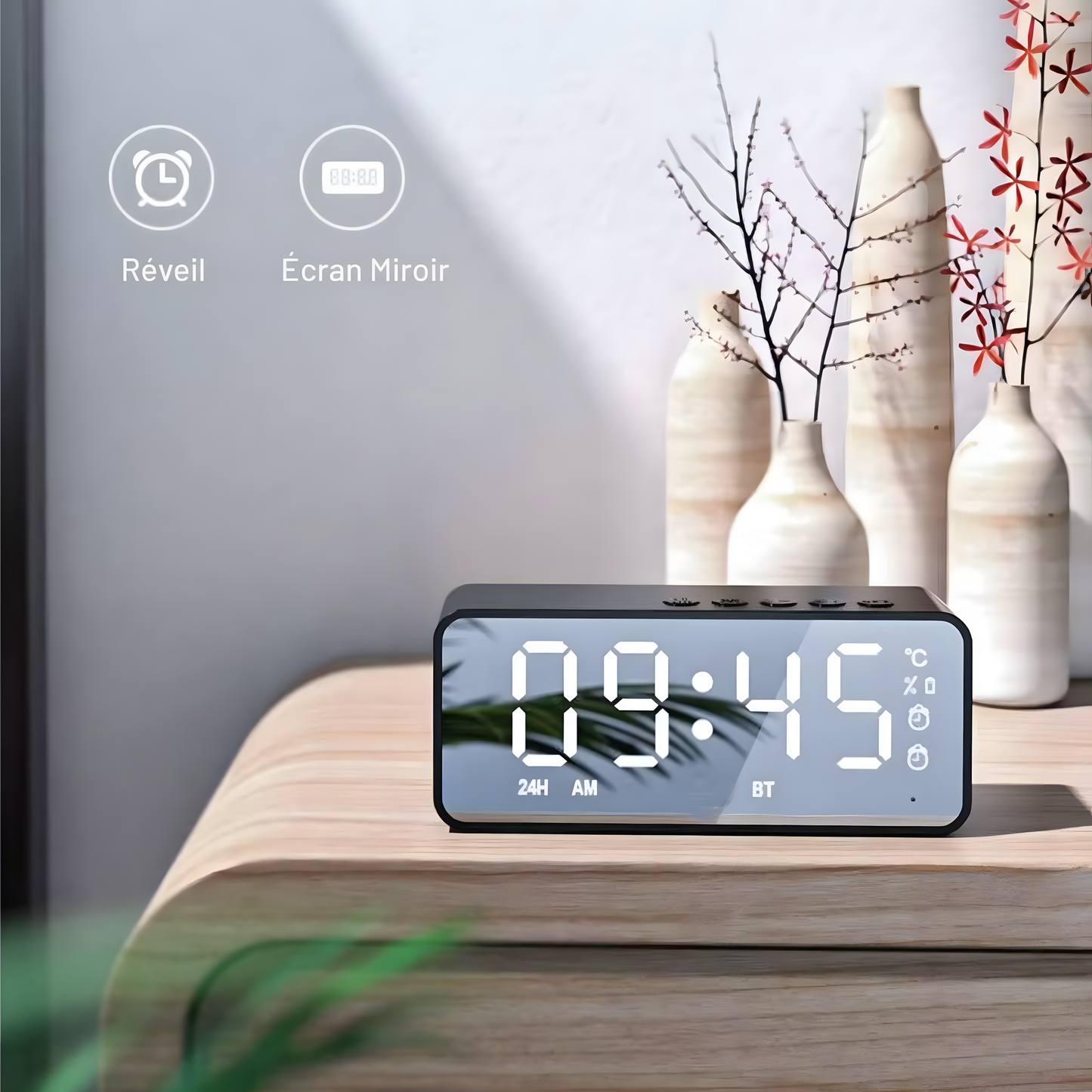 Réveil Radio | Enceinte Bluetooth FM & Réveil Miroir Compact | Reverba