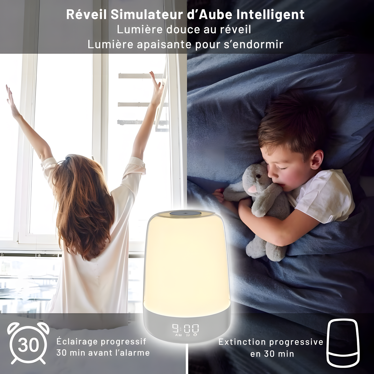 Réveil Simulateur d'Aube LED | Veilleuse Tactile & 6 Couleurs | Rayona