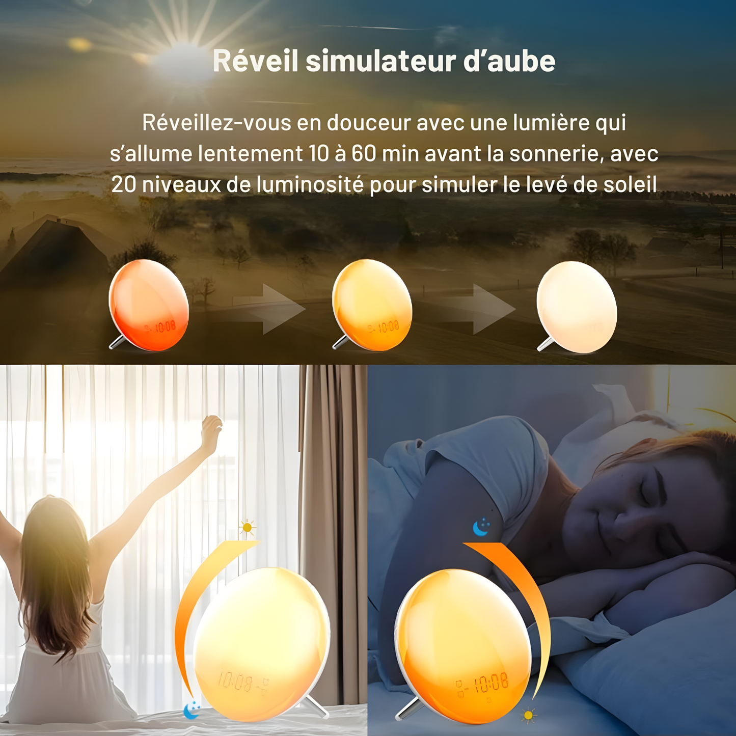 Réveil Simulateur d'Aube LED | Lumière Naturelle & Commande Smart | Aubéa