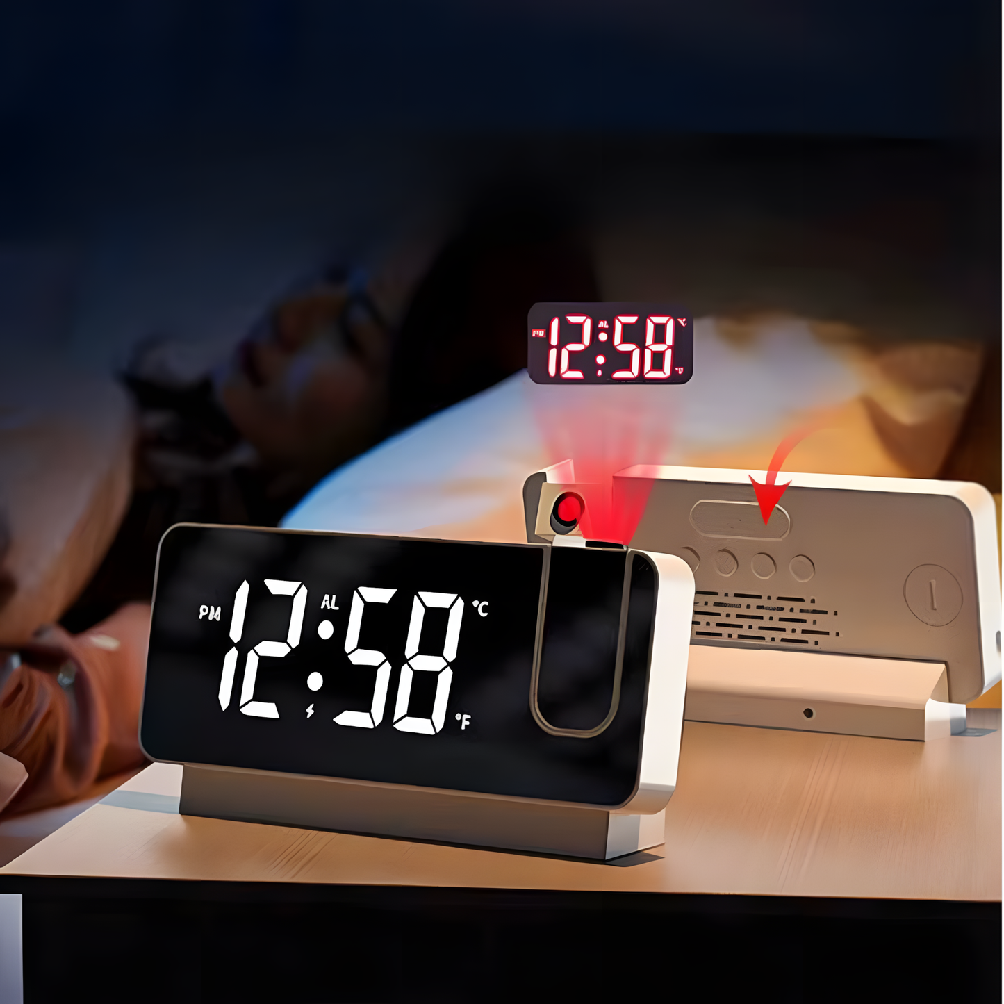 Réveil Projecteur LED | Projection Rotative 180° & Écran Couleur Silencieux | Projecta