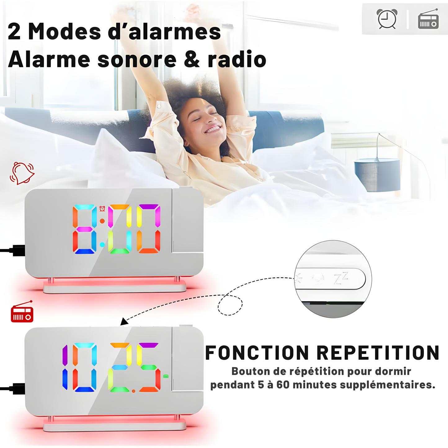 Réveil Projecteur LED | Projection RGB, Radio FM & Double USB | Projexia
