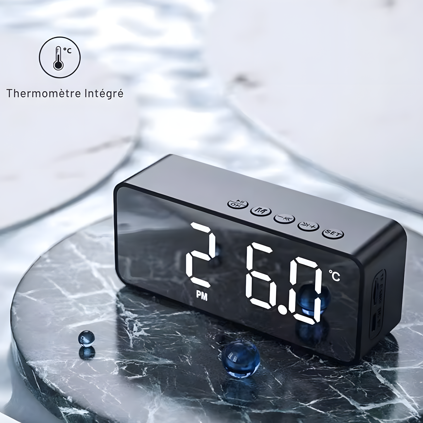 Réveil Radio | Enceinte Bluetooth FM & Réveil Miroir Compact | Reverba