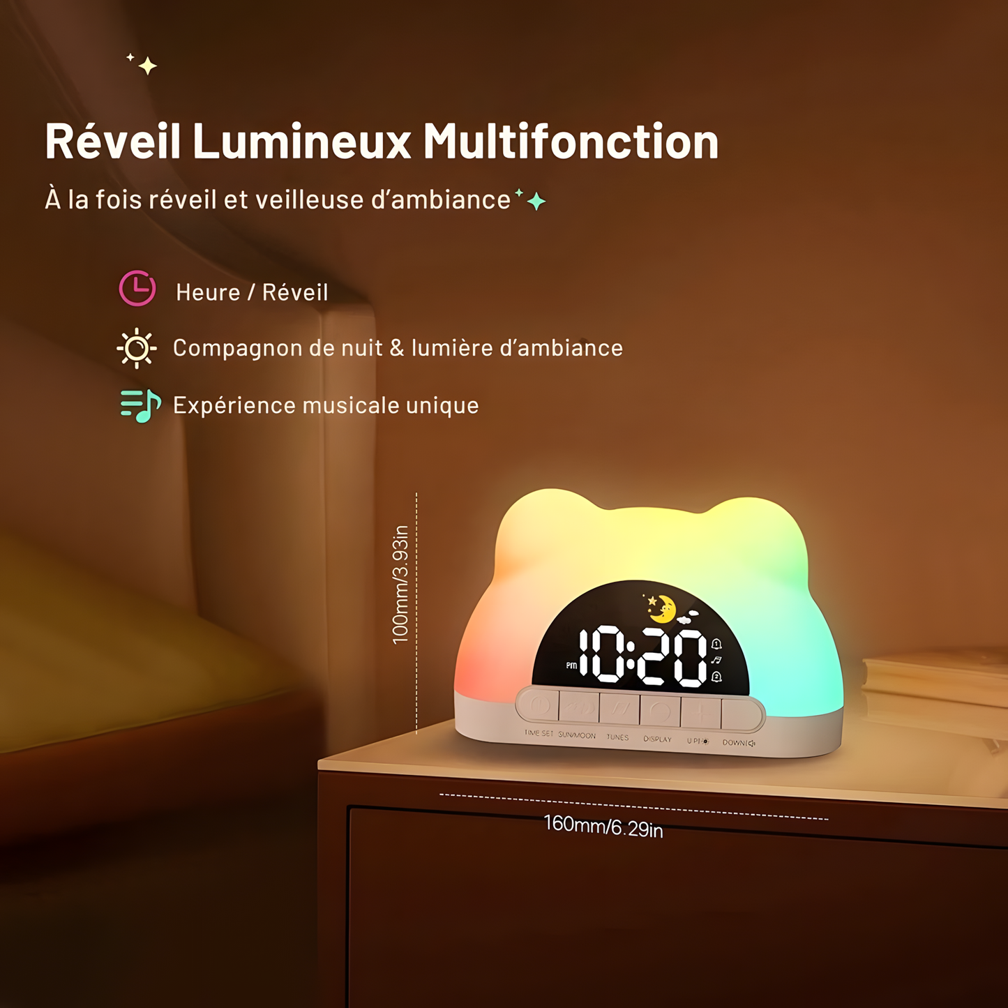 Réveil Enfant | Ours Mignon & Lumière Colorée | Tibou