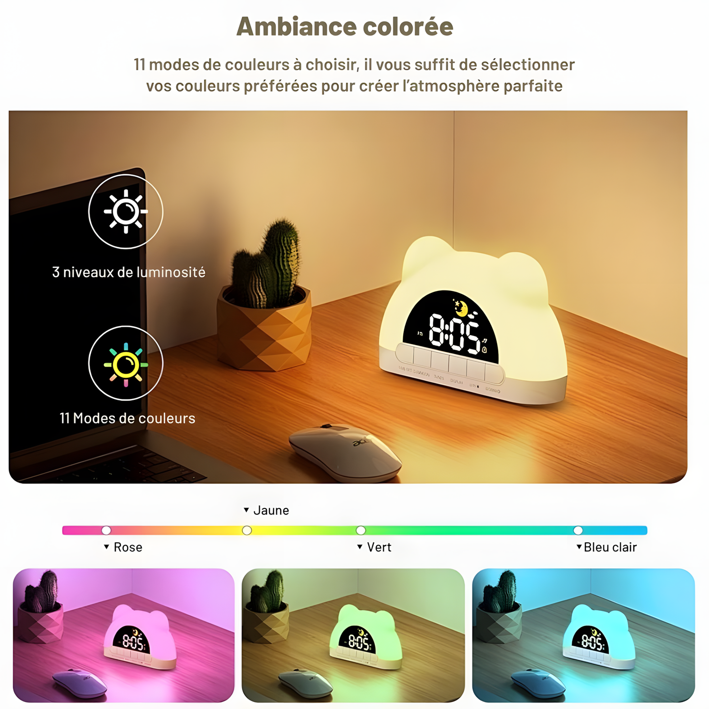 Réveil Enfant | Ours Mignon & Lumière Colorée | Tibou
